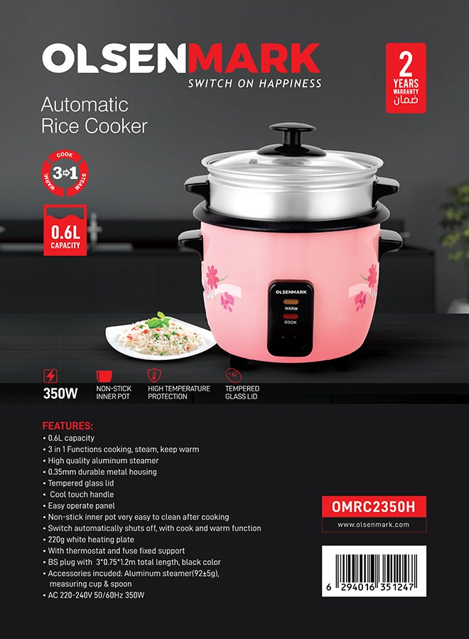 Multifunctional Rice Cooker With Non-Stick Inner Pot With Cool Touch Handle/Includes Cook And Keep Warm Functions, Equipped With Tempered Glass Lid, Rice Spoon, Plastic Inner Steamer And Measuring Cup 0.6 L 350 W OMRC2350H Pink/Silver