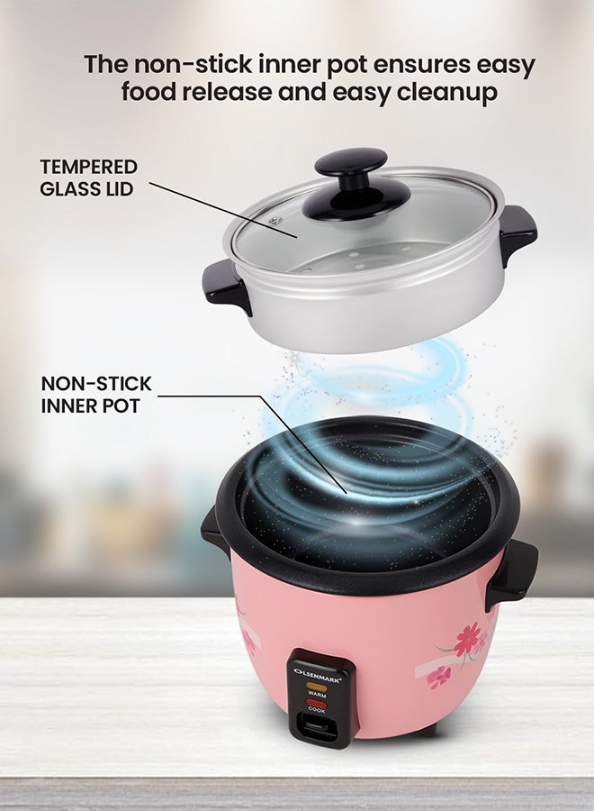 Olsenmark Multifunctional Rice Cooker With Non-Stick Inner Pot With Cool Touch Handle/Includes Cook And Keep Warm Functions, Equipped With Tempered Glass Lid, Rice Spoon, Plastic Inner Steamer And Measuring Cup 0.6 L 350 W OMRC2350H Pink/Silver - Image 3