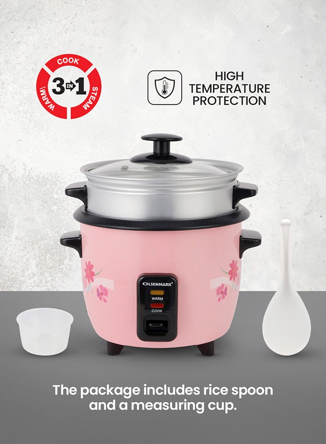 Olsenmark Multifunctional Rice Cooker With Non-Stick Inner Pot With Cool Touch Handle/Includes Cook And Keep Warm Functions, Equipped With Tempered Glass Lid, Rice Spoon, Plastic Inner Steamer And Measuring Cup 0.6 L 350 W OMRC2350H Pink/Silver - Image 5