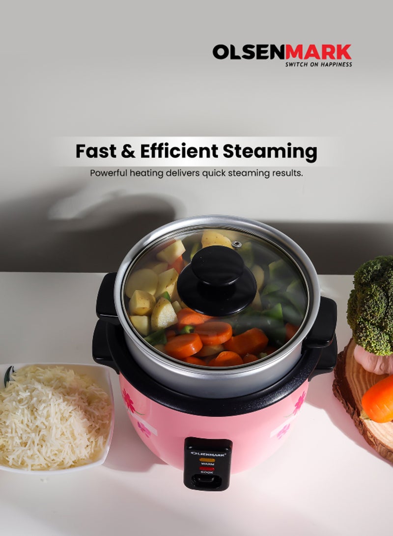 Olsenmark 0.6 L Multifunctional Rice Cooker With Non-Stick Inner Pot With Cool Touch Handle/Includes Cook And Keep Warm Functions, Equipped With Tempered Glass Lid, Rice Spoon, Plastic Inner Steamer And Measuring Cup 0.6 L 350 W OMRC2350H Pink/Silver - Image 3