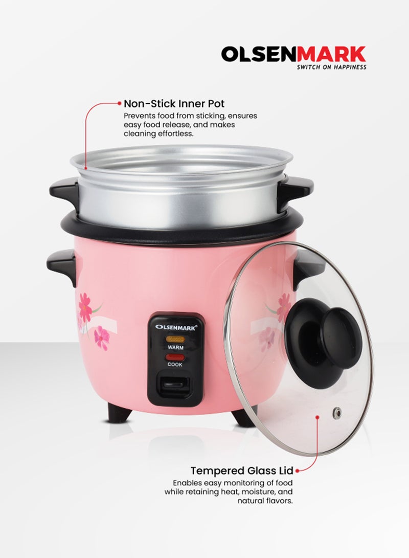 Olsenmark 0.6 L Multifunctional Rice Cooker With Non-Stick Inner Pot With Cool Touch Handle/Includes Cook And Keep Warm Functions, Equipped With Tempered Glass Lid, Rice Spoon, Plastic Inner Steamer And Measuring Cup 0.6 L 350 W OMRC2350H Pink/Silver - Image 4