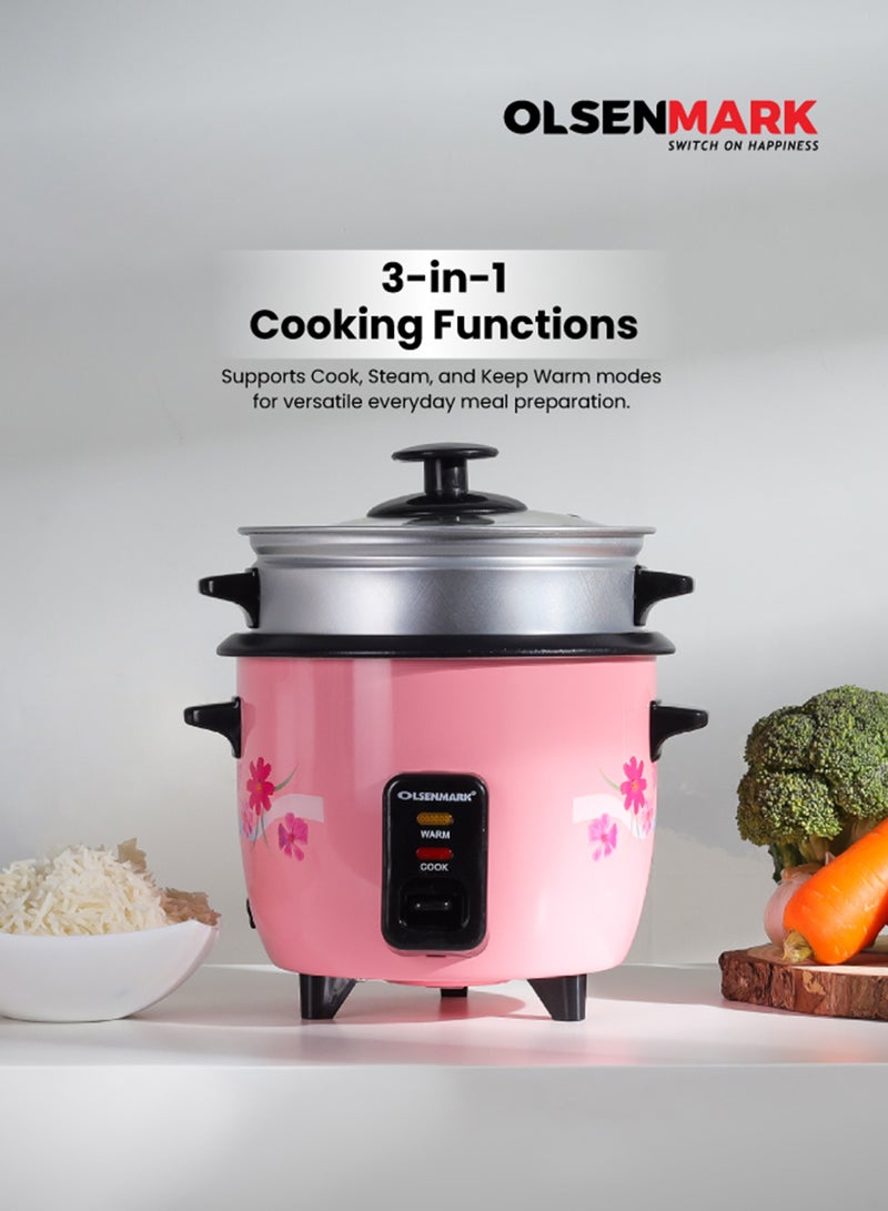Olsenmark 0.6 L Multifunctional Rice Cooker With Non-Stick Inner Pot With Cool Touch Handle/Includes Cook And Keep Warm Functions, Equipped With Tempered Glass Lid, Rice Spoon, Plastic Inner Steamer And Measuring Cup 0.6 L 350 W OMRC2350H Pink/Silver - Image 2
