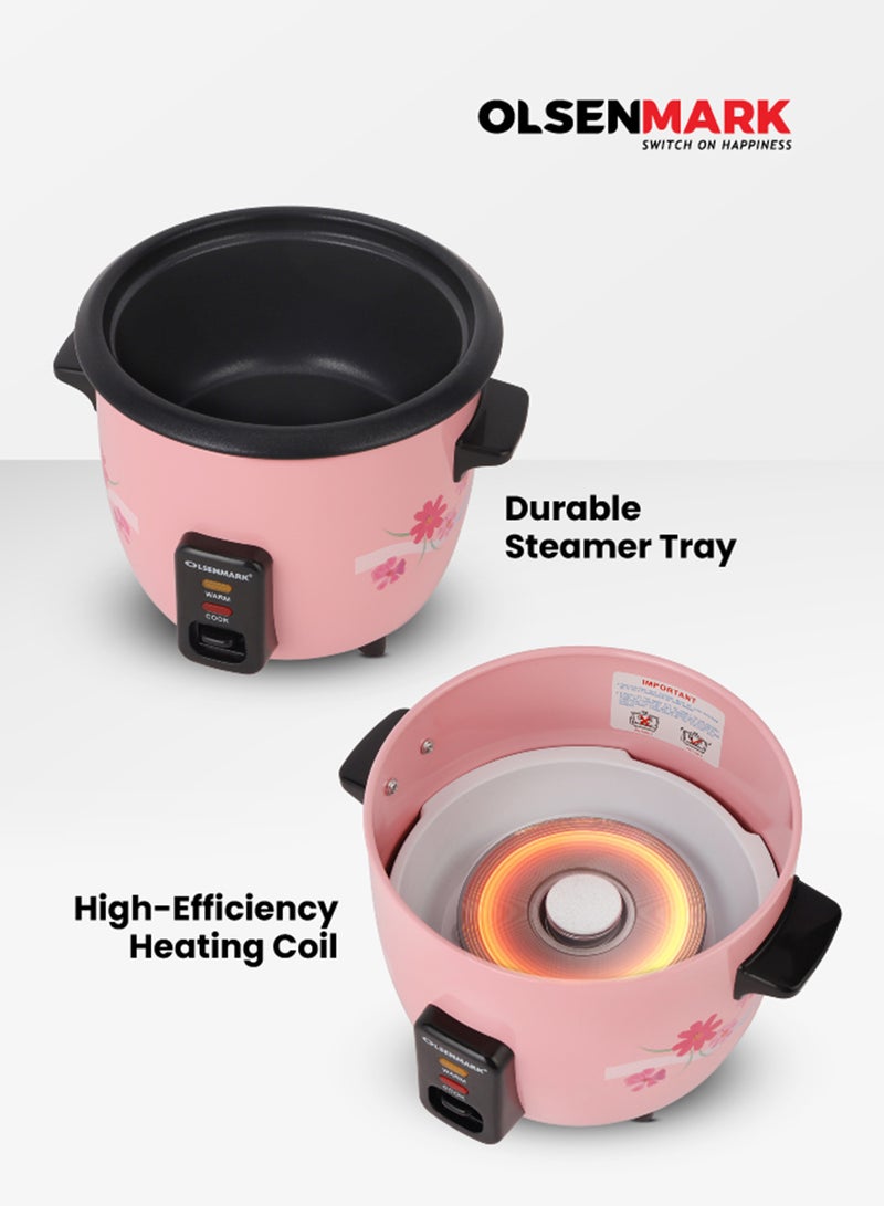 Olsenmark 0.6 L Multifunctional Rice Cooker With Non-Stick Inner Pot With Cool Touch Handle/Includes Cook And Keep Warm Functions, Equipped With Tempered Glass Lid, Rice Spoon, Plastic Inner Steamer And Measuring Cup 0.6 L 350 W OMRC2350H Pink/Silver - Image 5
