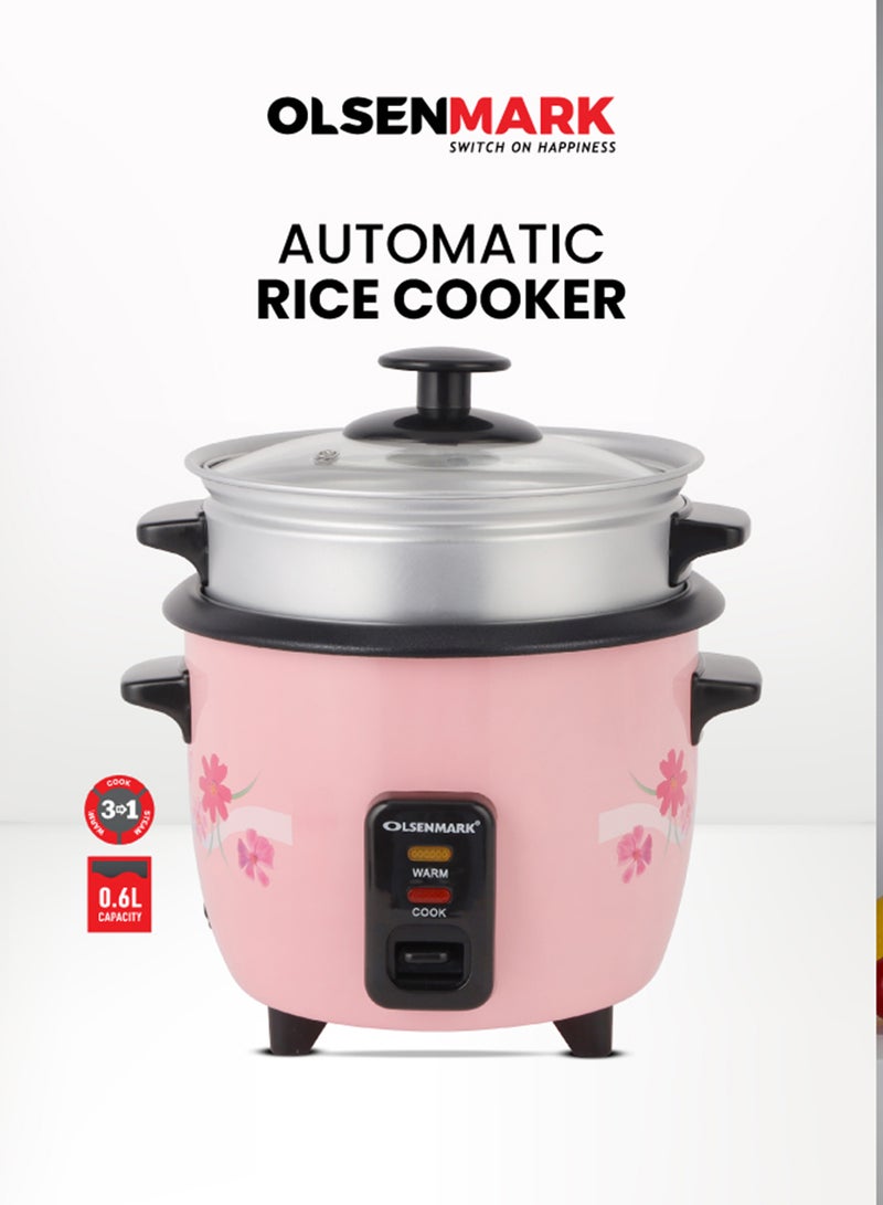 Olsenmark 0.6 L Multifunctional Rice Cooker With Non-Stick Inner Pot With Cool Touch Handle/Includes Cook And Keep Warm Functions, Equipped With Tempered Glass Lid, Rice Spoon, Plastic Inner Steamer And Measuring Cup 0.6 L 350 W OMRC2350H Pink/Silver - Image 1
