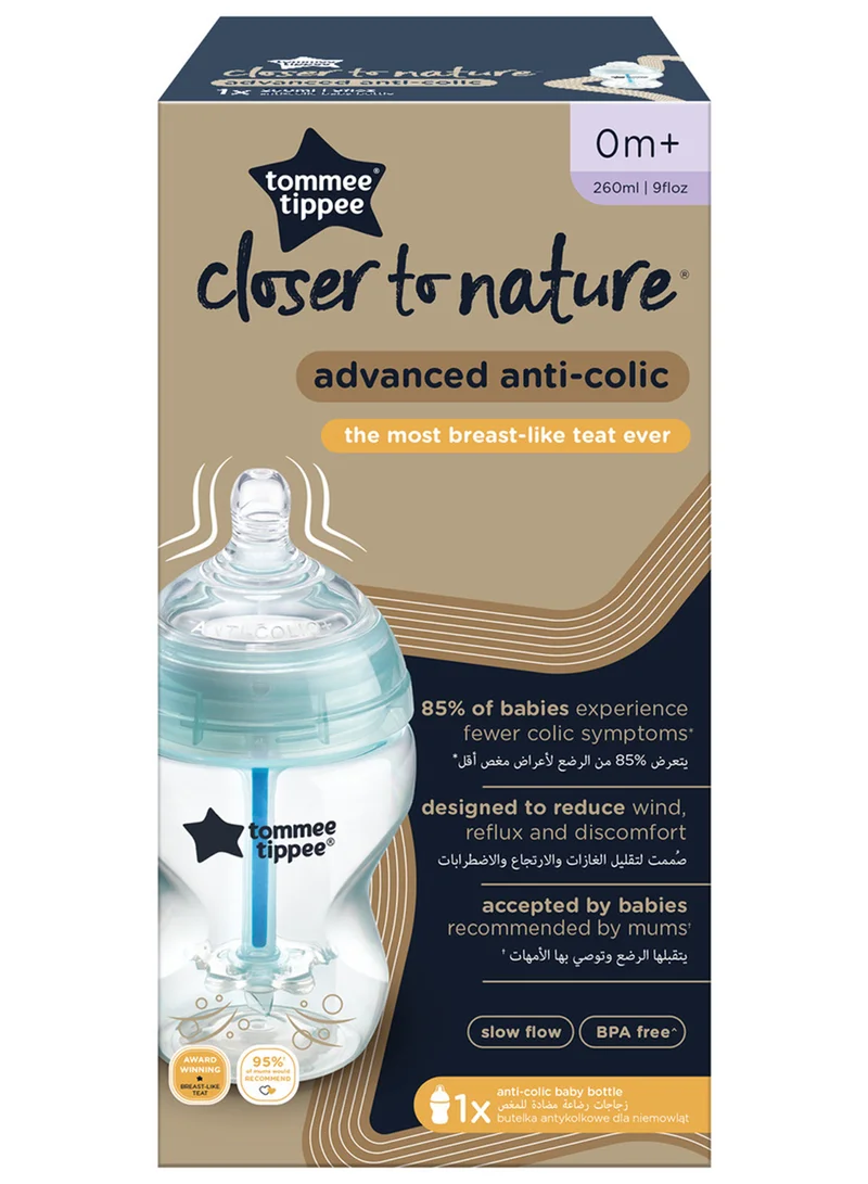 tommee tippee Pack Of 1 Advanced Closer To Nature Anti-Colic Feeding Bottle, 260 ml 0 Months+ Clear