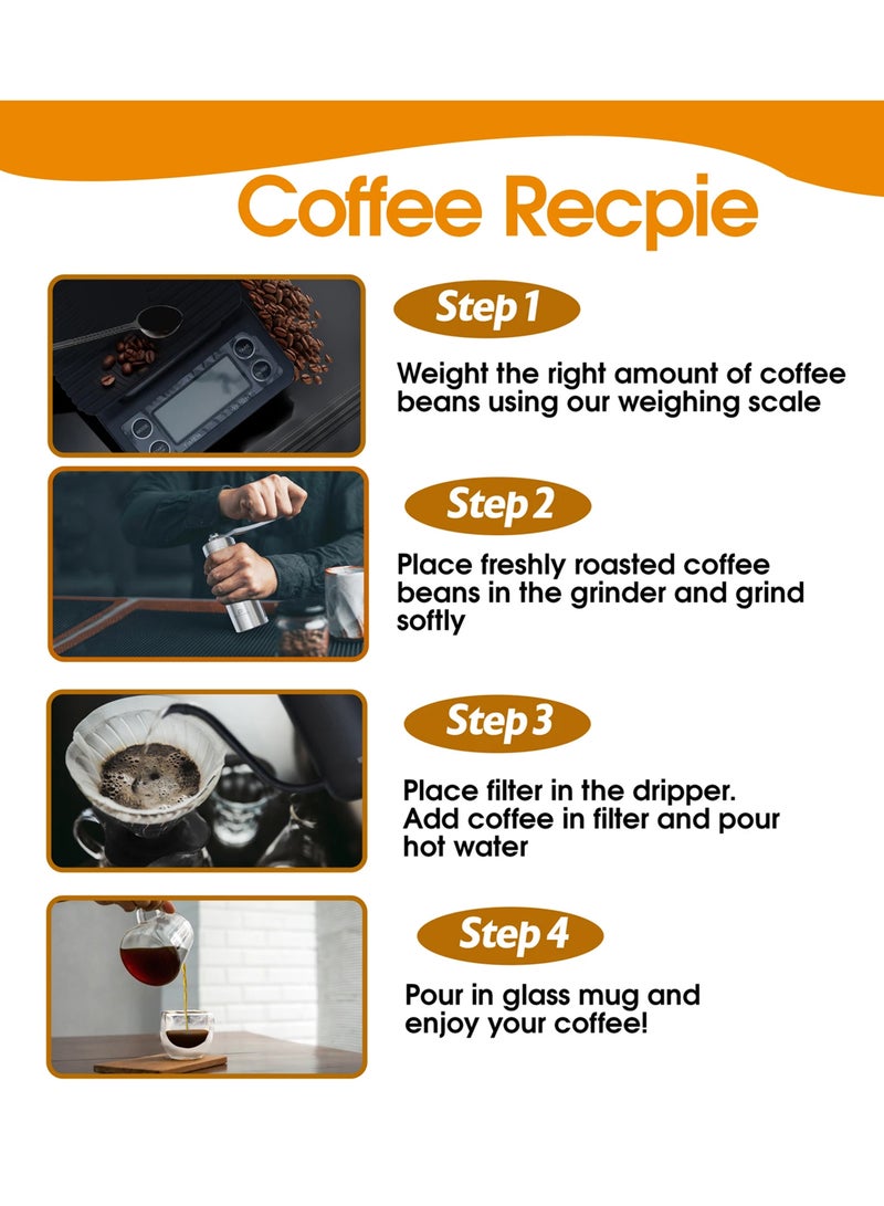 Cuisine Art Professional V60 Coffee Kit – 9-Piece All-in-One Barista Set – Includes Kettle, Manual Grinder, Glass Server, Digital Timer Scale & Double-Wall Cup – Portable Hard-Shell Travel Case Black 600ml - Image 3