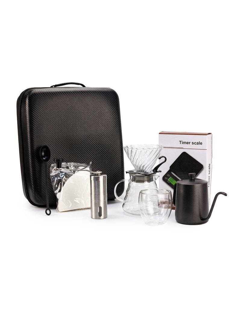 Cuisine Art Professional V60 Coffee Kit – 9-Piece All-in-One Barista Set – Includes Kettle, Manual Grinder, Glass Server, Digital Timer Scale & Double-Wall Cup – Portable Hard-Shell Travel Case Black 600ml - Image 1