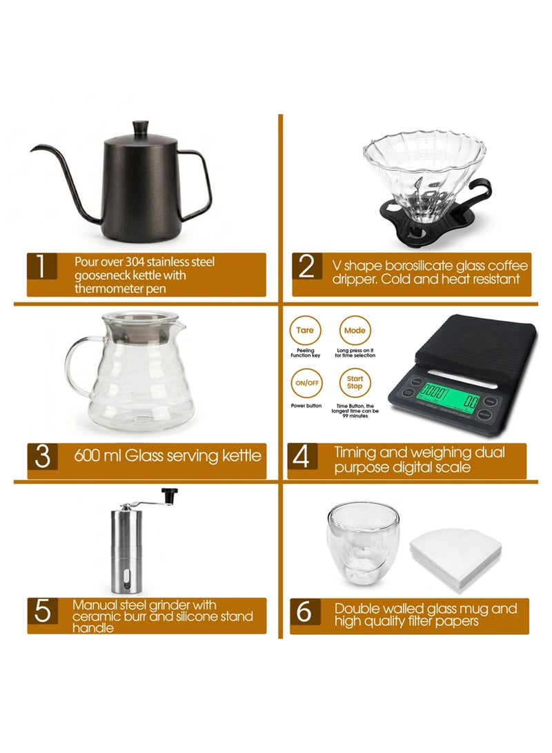 Cuisine Art Professional V60 Coffee Kit – 9-Piece All-in-One Barista Set – Includes Kettle, Manual Grinder, Glass Server, Digital Timer Scale & Double-Wall Cup – Portable Hard-Shell Travel Case Black 600ml - Image 2