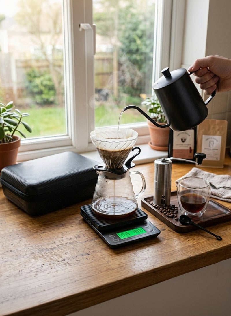 Cuisine Art Professional V60 Coffee Kit – 9-Piece All-in-One Barista Set – Includes Kettle, Manual Grinder, Glass Server, Digital Timer Scale & Double-Wall Cup – Portable Hard-Shell Travel Case Black 600ml - Image 4