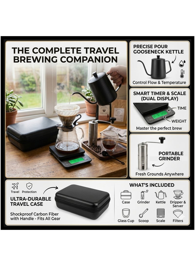 Cuisine Art Professional V60 Coffee Kit – 9-Piece All-in-One Barista Set – Includes Kettle, Manual Grinder, Glass Server, Digital Timer Scale & Double-Wall Cup – Portable Hard-Shell Travel Case Black 600ml - Image 5