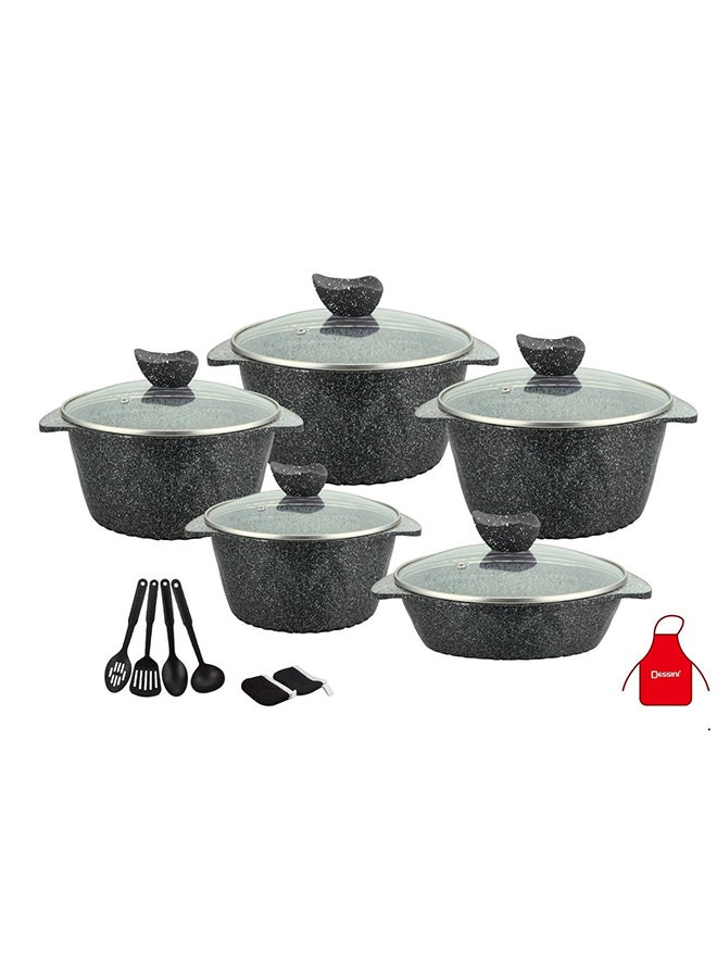 DESSINI 17-Piece Granite Coated Cast Aluminum Cookware Set With Accessories Black 32cm