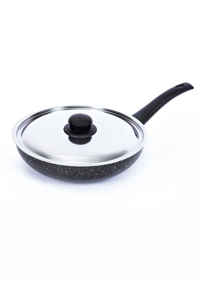 LAZORD Granite Cooking Deep Frying Pan With Stainless Steel Lid Black/Silver 28cm