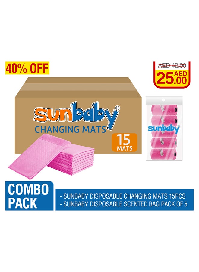 صن بيبي Disposable Changing Mats With Scented Bag 5x15 - 75 Count - Pink - Image 3