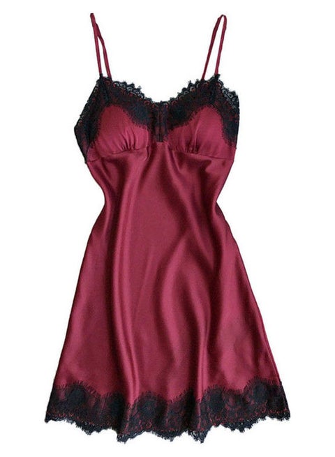 Silky Lace Patchwork Nightdress Wine Red