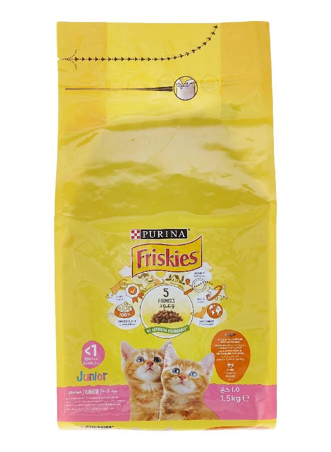 PURINA Friskies Junior Dry Cat Food Pack Yellow/Pink 1.5kg - Image 1