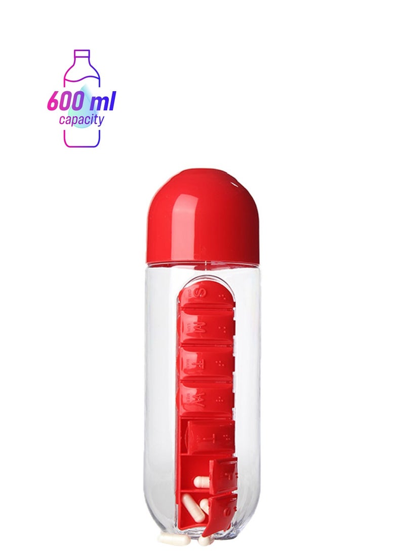 Portable Water Bottle With Pill Grids Red/Clear