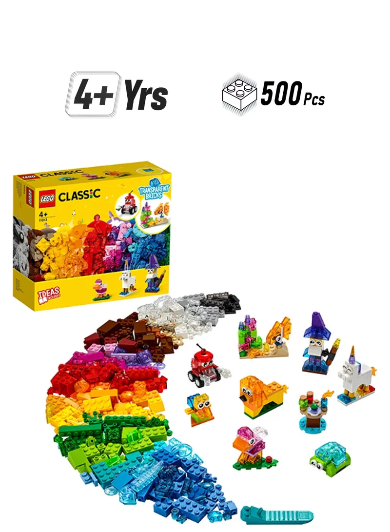 LEGO Classic Creative Transparent Bricks Kids’ Building Kit; Build A Sparkling Bird, Lion, Wizard, Fish With Coral, Turtle, Robot, Unicorn And Pink Bird; Great Lego Toy For Kids Aged 4 And Over (500 Pieces) 11013