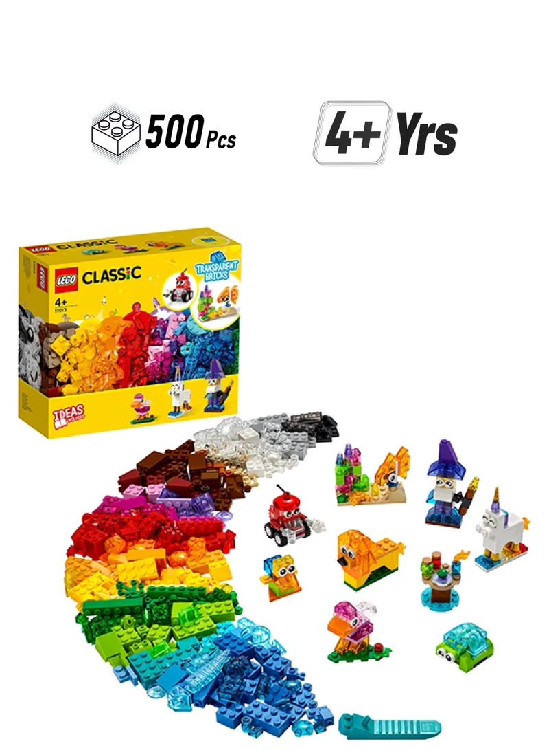 LEGO Classic Creative Transparent Bricks Kids’ Building Kit; Build A Sparkling Bird, Lion, Wizard, Fish With Coral, Turtle, Robot, Unicorn And Pink Bird; Great Lego Toy For Kids Aged 4 And Over (500 Pieces) 11013