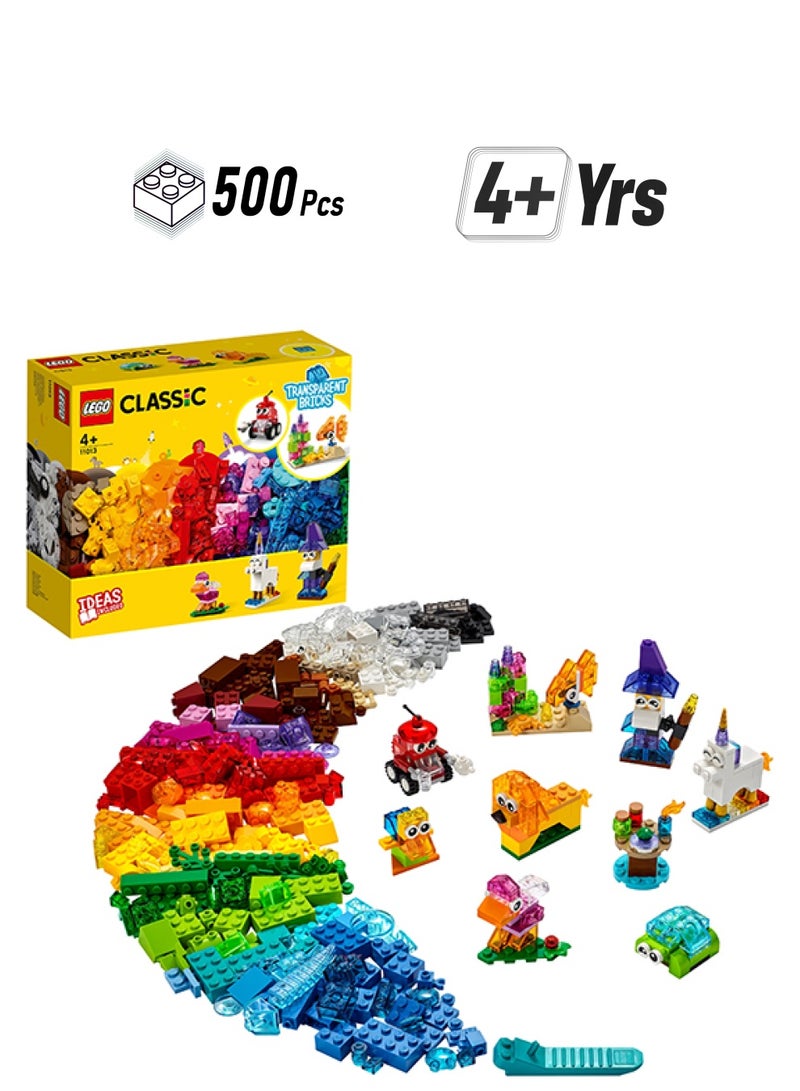 LEGO 6327639 Classic Creative Transparent Bricks Kids’ Building Kit; Build A Sparkling Bird, Lion, Wizard, Fish With Coral, Turtle, Robot, Unicorn And Pink Bird; Great Lego Toy For Kids Aged 4 And Over (500 Pieces) 11013 500 4+ Years  - Image 1