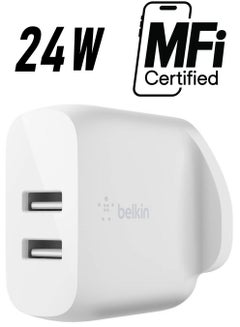 belkin Boost Charge Dual USB-A Wall Charger 24W (For iPhone 14 and 13 series, S22, S22+, S22 Ultra, Pixel 4, more) White  - Image 1