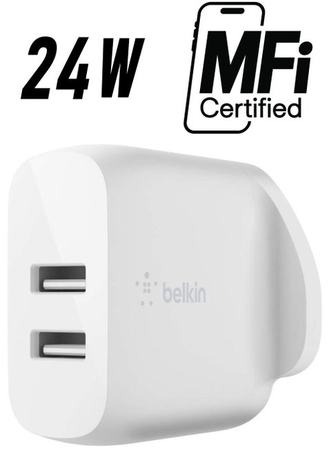 Boost Charge Dual USB-A Wall Charger 24W (For iPhone 14 and 13 series, S22, S22+, S22 Ultra, Pixel 4, more) White