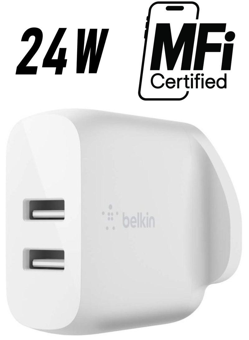 belkin - Boost Charge Dual USB-A Wall Charger 24W (For iPhone 14 and 13 series, S22, S22+, S22 Ultra, Pixel 4, more) White - Image 1