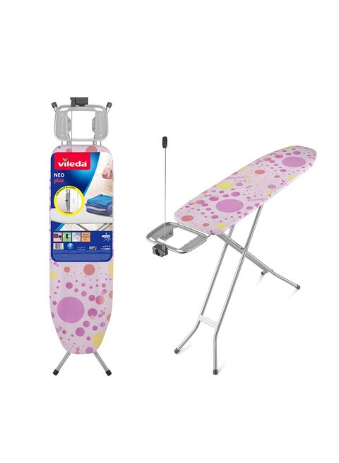 Vileda Neo Ironing Board Pink – Compact Iron Board 114 x 33 cm, Steam-Permeable Cover, Iron Rest Shelf & Hanger Slots, Anti-Slip Feet, Click & Stop Child Safety Lock, Folds for Easy Storage Pink/White/Silver