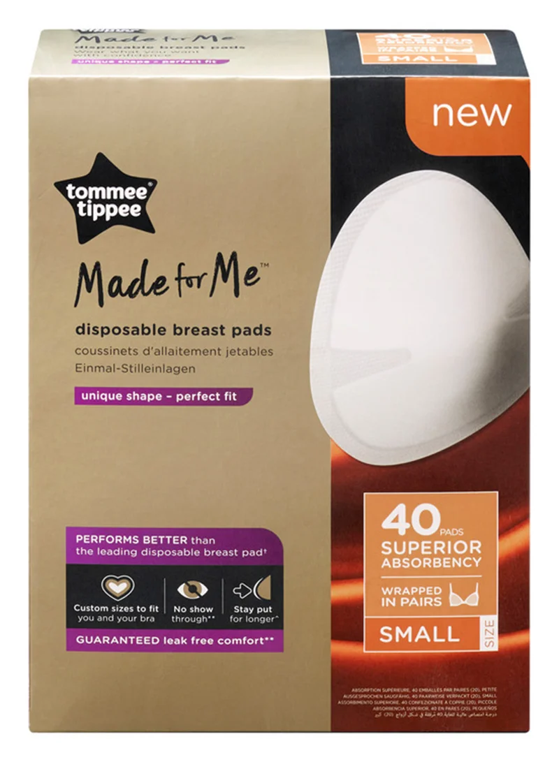 tommee tippee Made for Me Daily Disposable Breast Pads, Soft, Absorbent and Leak-Free, Contoured Shape, Adhesive Patch, Small, Pack of 40