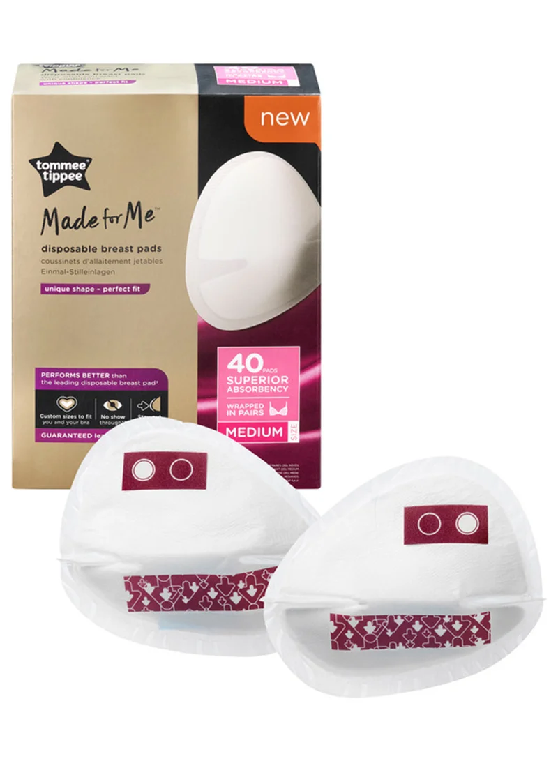 tommee tippee Pack Of 40 Made For Me Daily Disposable Breast Pads, Soft, Absorbent And Leak-Free, Contoured Shape, Adhesive Patch, Medium