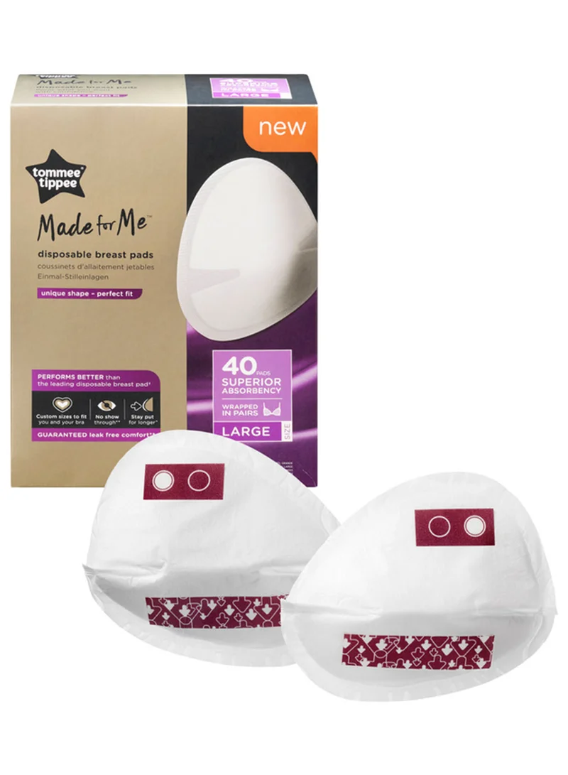 tommee tippee Pack Of 40 Made For Me Daily Disposable Breast Pads, Soft, Absorbent And Leak-Free, Contoured Shape, Adhesive Patch, Large