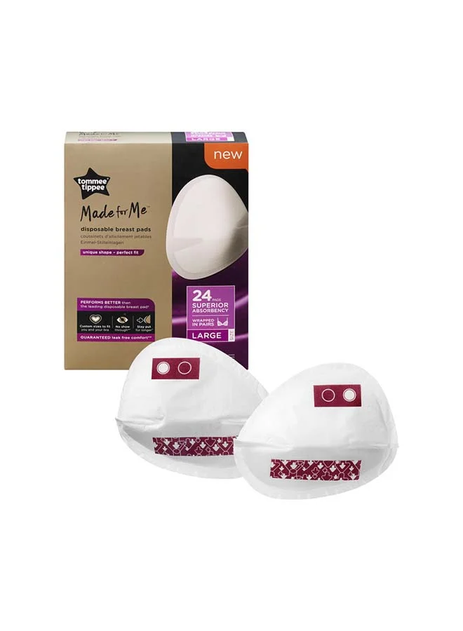 تومي تيبي Tommee Tippee MadeFor Me Daily Disposable Breast Pads, SOft, Absorbent And Leak-Free, Contoured Shape, Adhesive Patch, Large, Pack Of 24