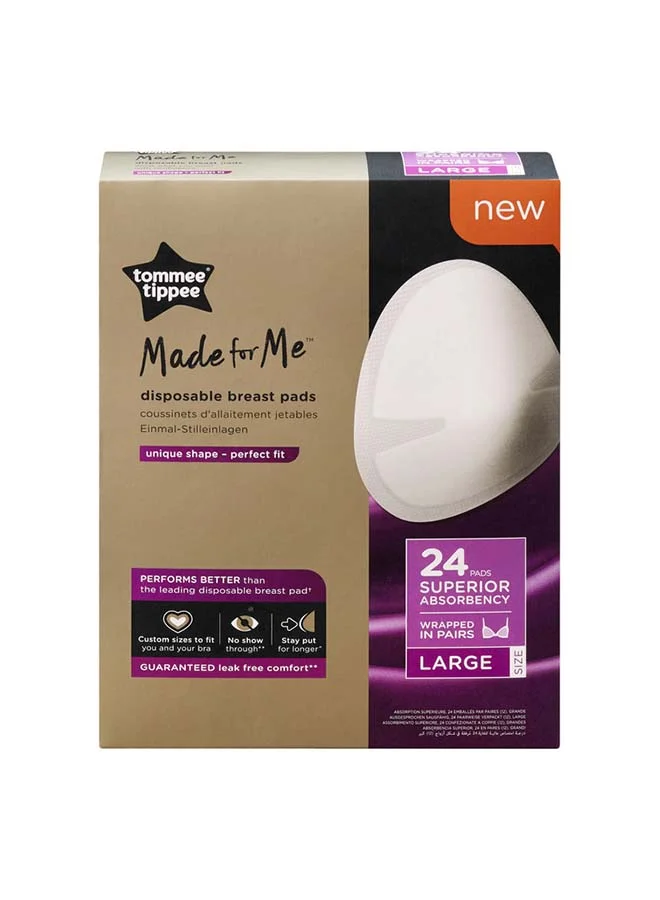 tommee tippee Made for Me Daily Disposable Breast Pads, Soft, Absorbent and Leak-Free, Contoured Shape, Adhesive Patch, Large, Pack of 24