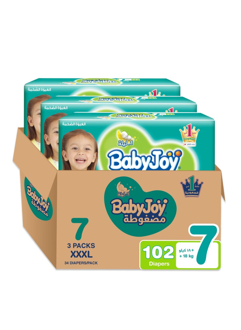 BabyJoy Compressed Diamond Pad Diaper, Size 7, Junior 3XL, 18+ Kg, Mega Box, 102 Diapers  - Image 1