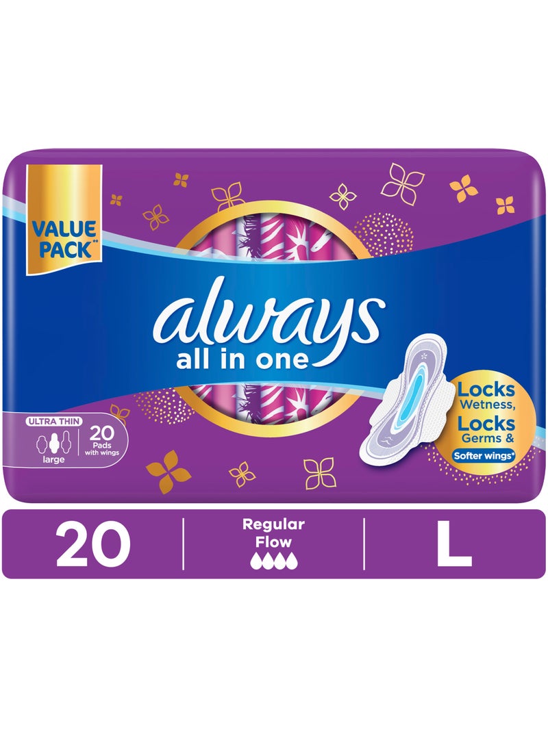 Always All In One Ultra Thin Large Sanitary Pads With Wings 20 Count White Large - Image 1