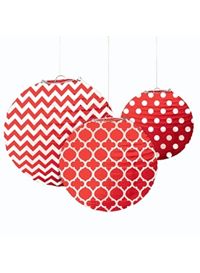 Amscan Apple Red Dots & Chevron Round Paper Lanterns 9In 3Pcs