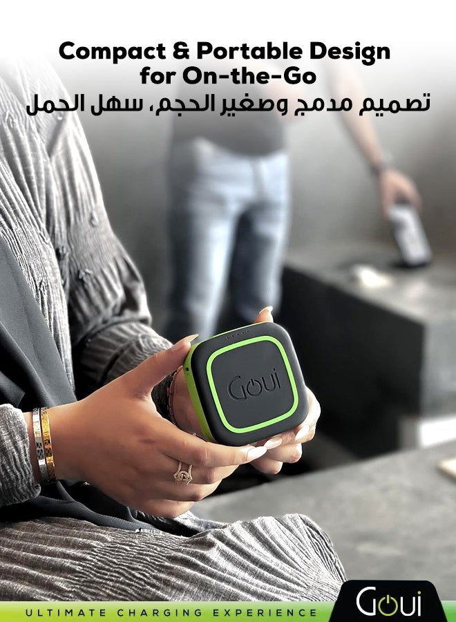 Goui 10000mAh Cube Wireless Power Bank – Fast Charging with Qualcomm QC3.0 & PD Technology, 18W Type-C Output, 10W Wireless Charging, Includes 30cm Cable, Compact and Portable Design Black/Green - Image 3