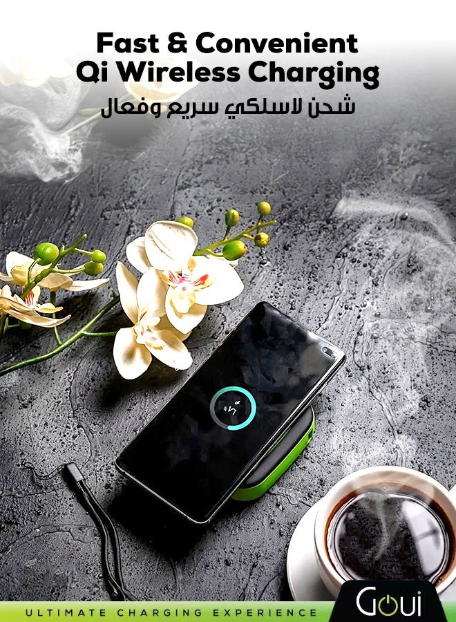Goui 10000mAh Cube Wireless Power Bank – Fast Charging with Qualcomm QC3.0 & PD Technology, 18W Type-C Output, 10W Wireless Charging, Includes 30cm Cable, Compact and Portable Design Black/Green - Image 2