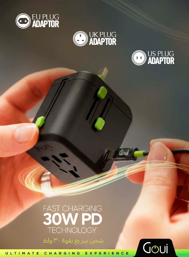 جوي يونيك بي دي شاحن سفر عالمي بقدرة 30 واط | شحن سريع بتقنية PD | متعدد المنافذ | تصميم صغير وخفيف وسهل الحمل | متوافق مع أكثر من 150 دولة أسود/أخضر - Image 2