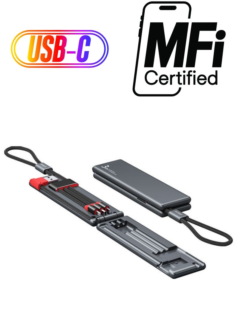 كابل شحن صغير محمول 3 في 1 بمنفذ مايكرو USB وتصميم سلسة مفاتيح أسود - Image 1