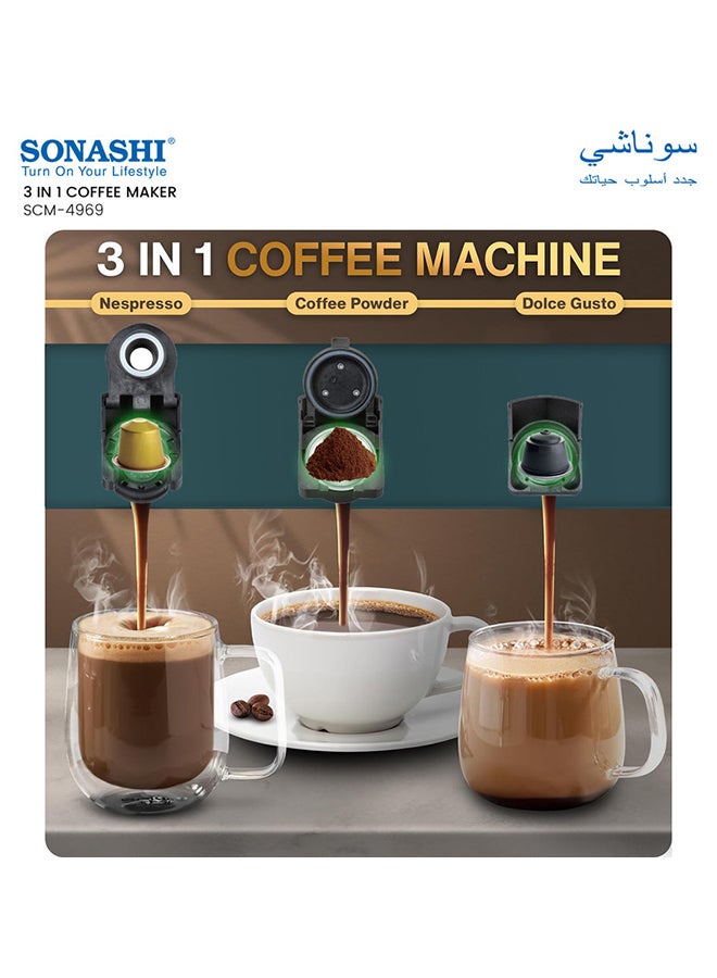 SONASHI 3 in 1 Multifunction Espresso Coffee Machine - with 600ML Detachable Water Tank | 3 Optional Adaptors and Auto Shut Off Options 600 ml 1450 W SCM-4969 Black/Red - Image 2