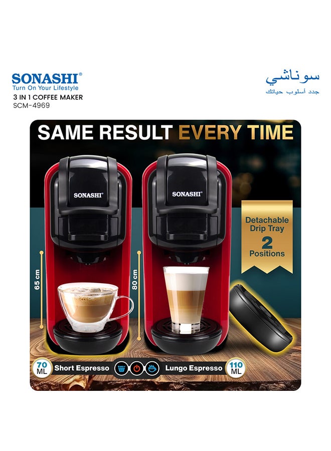 SONASHI 3 in 1 Multifunction Espresso Coffee Machine - with 600ML Detachable Water Tank | 3 Optional Adaptors and Auto Shut Off Options 600 ml 1450 W SCM-4969 Black/Red - Image 4