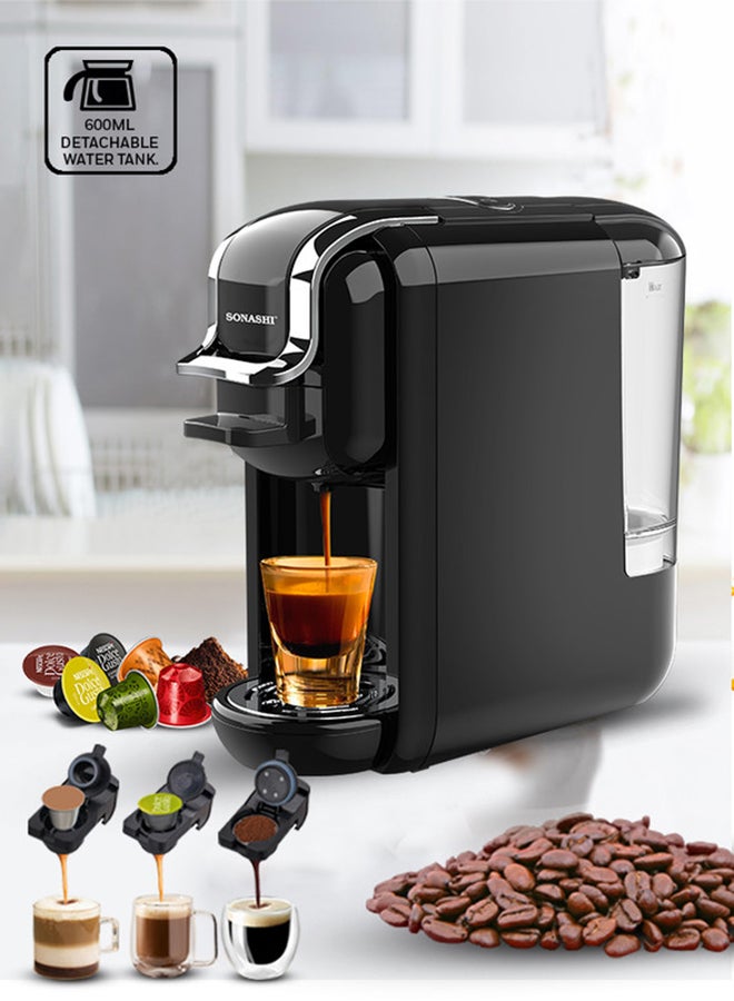SONASHI 3 in 1 Multifunction Espresso Coffee Machine - with 600ML Detachable Water Tank | 3 Optional Adaptors and Auto Shut Off Options 600 ml 1450 W SCM-4969 Black - Image 1