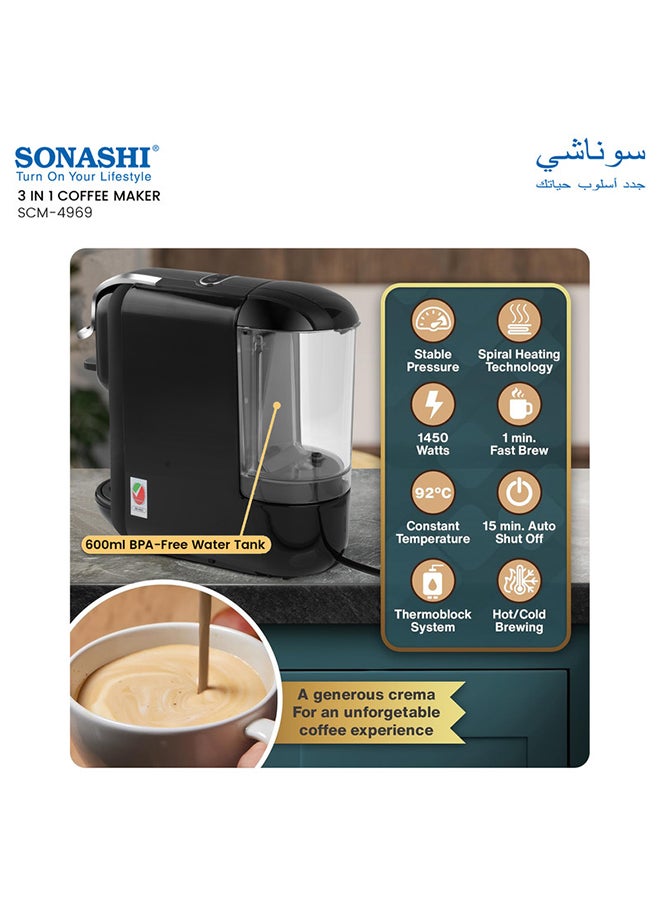 SONASHI 3 in 1 Multifunction Espresso Coffee Machine - with 600ML Detachable Water Tank | 3 Optional Adaptors and Auto Shut Off Options 600 ml 1450 W SCM-4969 Black - Image 3