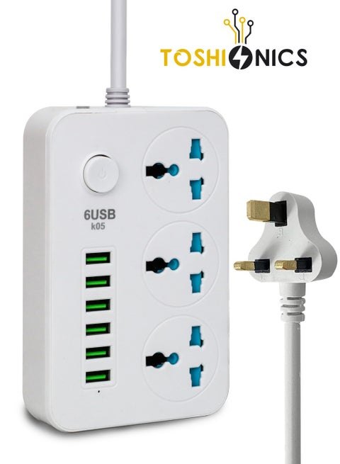 3 Way Power Strips Extension Cords | Adapter Extension 6 USB Charging Ports | 3 Universal Plugs Power Strip With 2 Metres Surge Protection Cable Extension Black/Grey (162x97x38mm) White 162x97x38mm