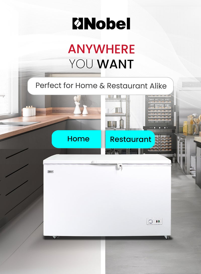 Nobel - 350L Gross Capacity Single Door Showcase Chiller, Adjustable Thermostat, R600a Refrigerant, Aluminum Interior with Slide Partition, Inner Light, Fast Freezing, Castor Wheels, Lock & Key, Outside Condenser, Convenient Cooling Solution 0 W NCF350 White - Image 1