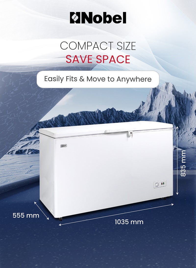 Nobel - 350L Gross Capacity Single Door Showcase Chiller, Adjustable Thermostat, R600a Refrigerant, Aluminum Interior with Slide Partition, Inner Light, Fast Freezing, Castor Wheels, Lock & Key, Outside Condenser, Convenient Cooling Solution 0 W NCF350 White - Image 1