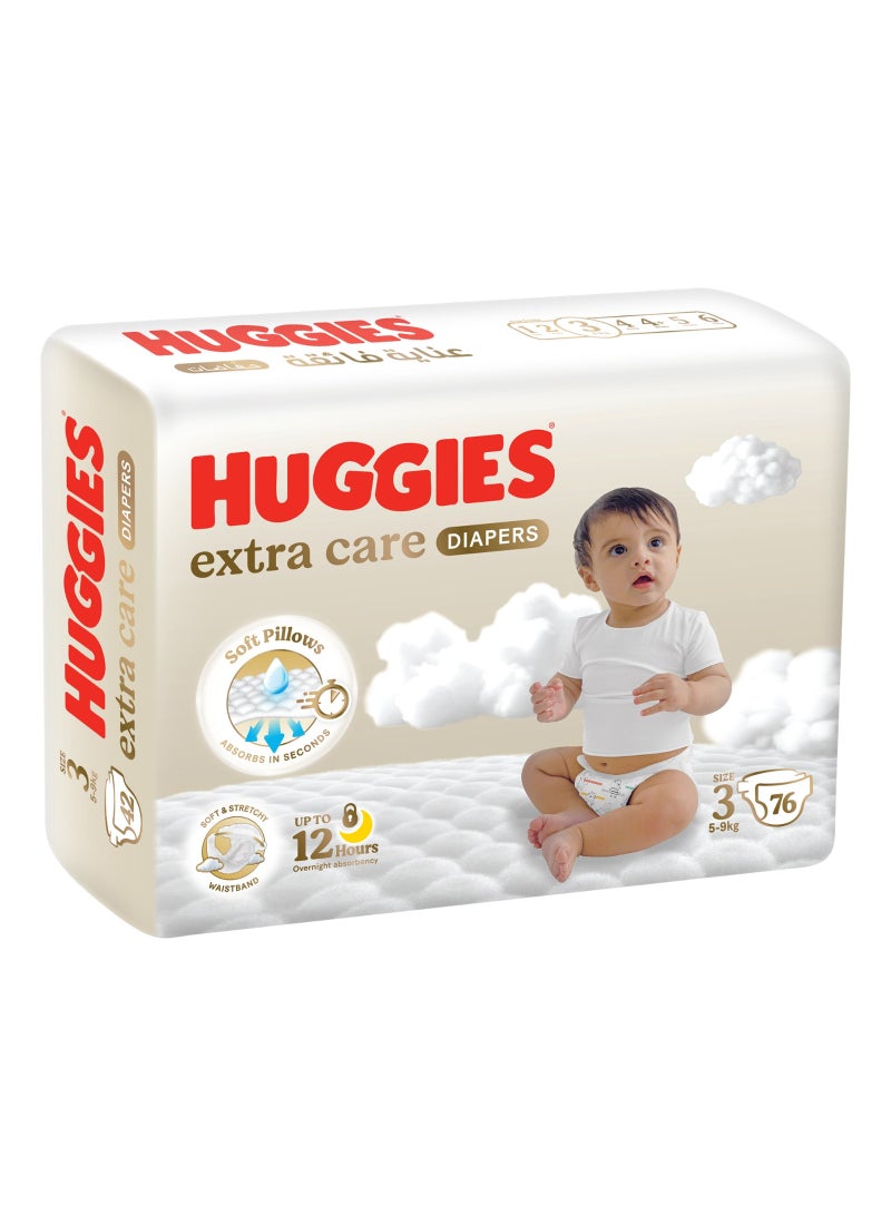 HUGGIES Extra Care Baby Diapers, Diapers Size 3, (5 - 9 kg), Jumbo Pack of 76 Diapers - Image 1