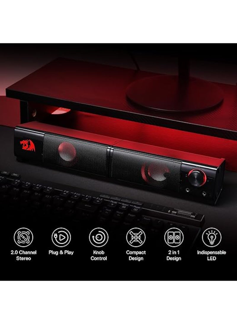 ريدراجون مكبرات صوت أورفيوس للألعاب للكمبيوتر المكتبي طراز GS550، ساوند بار مكتبي للكمبيوتر بقناتين وبتصميم حجمٍ صغير قابل للمناورة وجهير وبضوء خلفي أحمر لائق، يتم تشغيله عن طريق منفذ USB وبكابلات مقاس 3.5 مم - Image 5