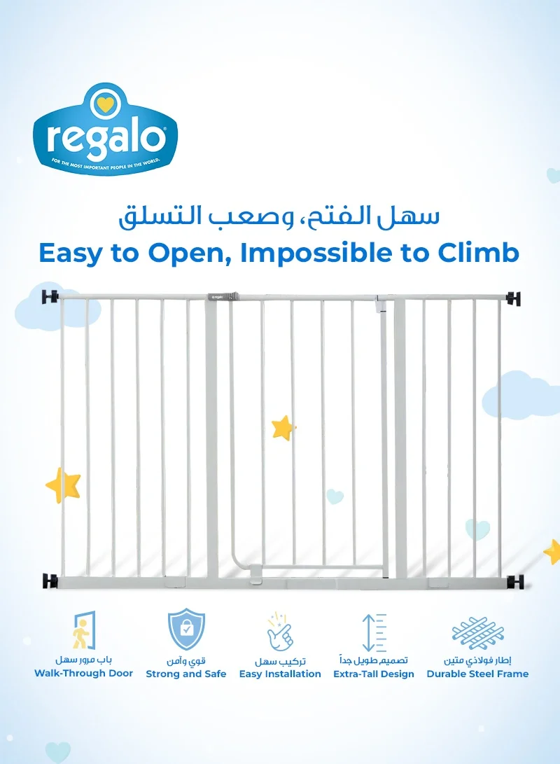Regalo Easy Open Baby Gate | Adjustable | Fits Openings 74-119 CM (29-47 Inches) | Walk-Through Design | 76 CM (30 Inches) Tall | One-Hand Open Handle | Sturdy Metal Frame | 10 & 30 CM Extensions Included