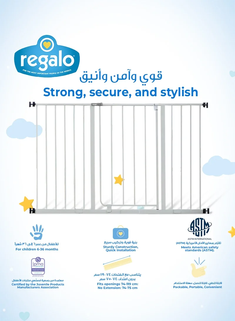 Regalo Easy Open Baby Gate | Adjustable | Fits Openings 74-119 CM (29-47 Inches) | Walk-Through Design | 76 CM (30 Inches) Tall | One-Hand Open Handle | Sturdy Metal Frame | 10 & 30 CM Extensions Included